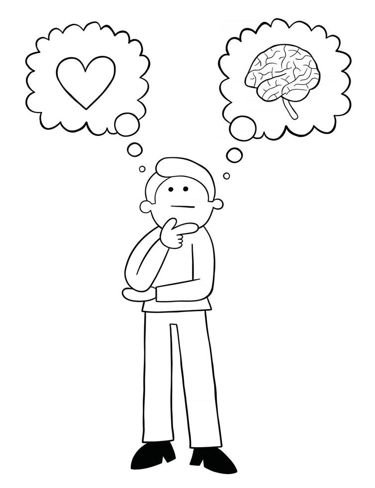 Cartoon-Mann denkt, er sollte auf sein Herz oder seine Gedankenvektorillustration hören vektor