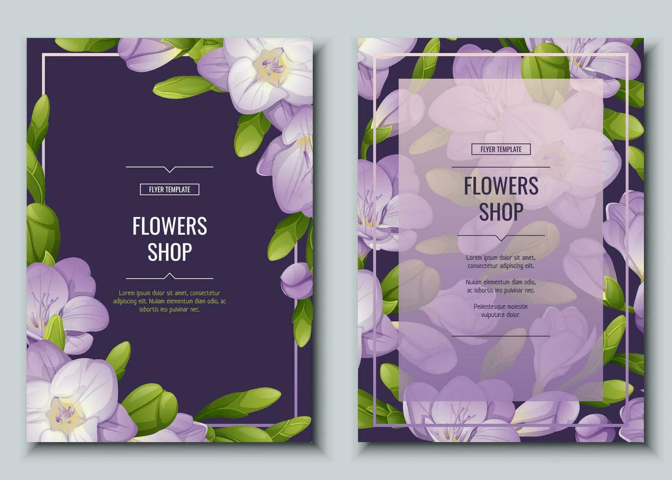 einstellen von Flyer mit Freesie Blumen. schön Hintergrundmit lila Blumen und Knospen. Frühling Karte, Banner, Hochzeit Einladung vektor