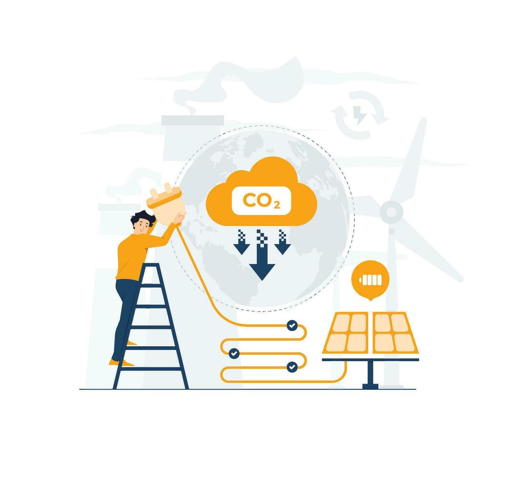 reduzieren co2 Emission, Netz Null und Kohlenstoff Neutralität, Geschäft Entwicklung basierend auf verlängerbar Energie. Grün Energie Quellen Elektrizität, Solar- Paneele und Wind Turbinen Konzept Illustration vektor