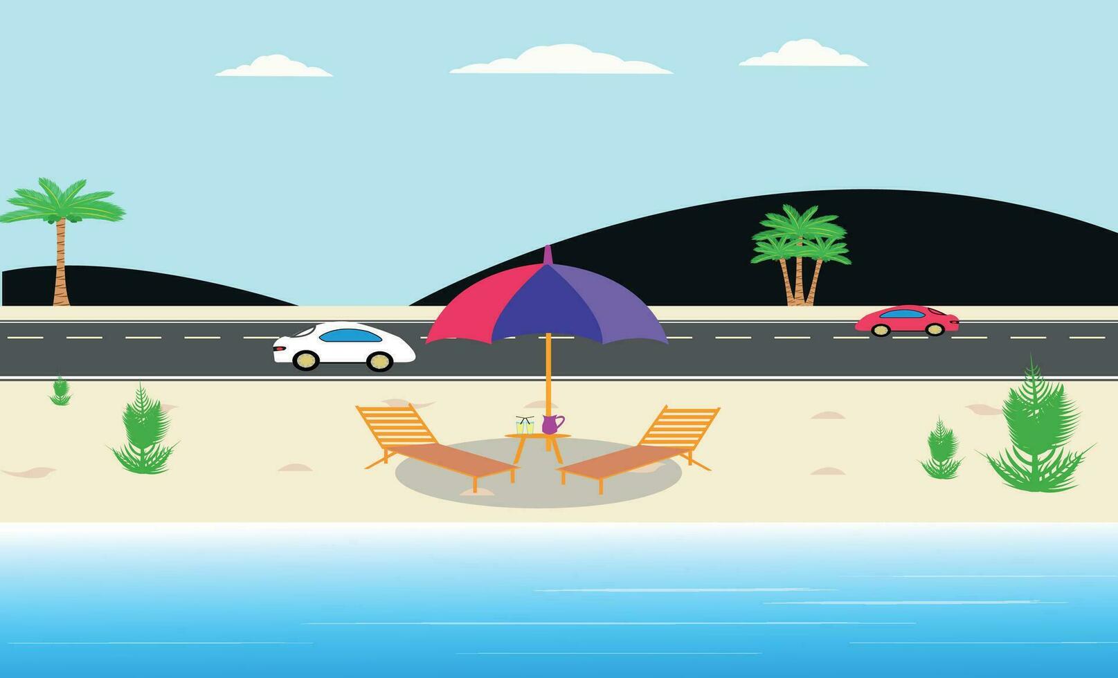 einstellen von Sommer- Ferien Vektor Illustration Paradies Strand tropisch Strand, Regenschirm Straße und Autos, Resort Berg und Kokosnuss Bäume.