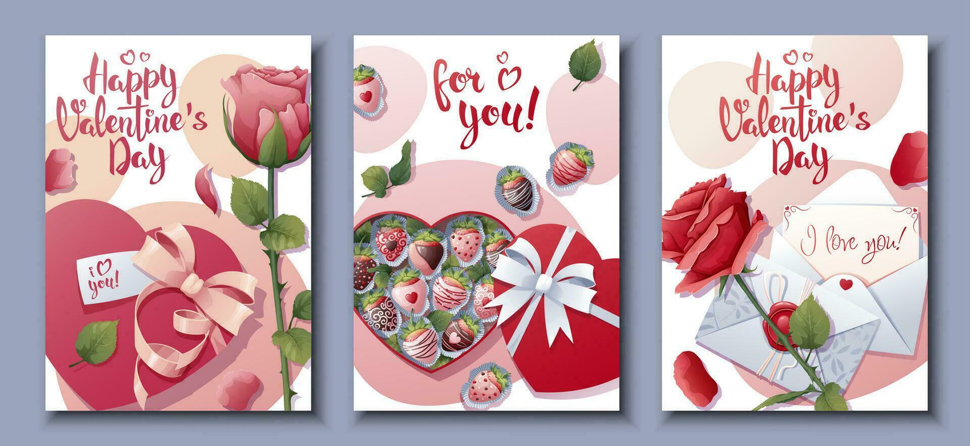 uppsättning av kort för Lycklig valentine s dag.affisch med rosor, gåva, choklad täckt jordgubbar.. festlig ljus vykort, kärlek kreativ begrepp. a4 vektor illustration för baner, affisch, kort.