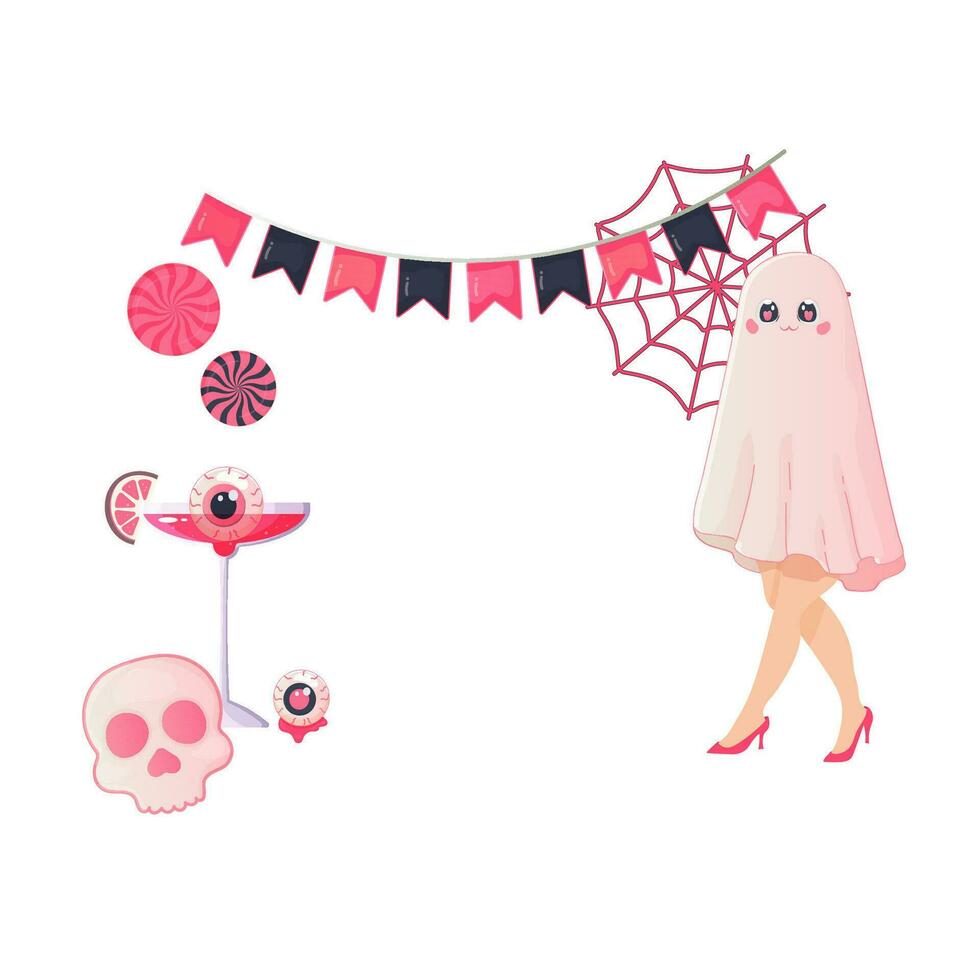 halloween ram rosa, fest, spöke flicka och cocktail vektor