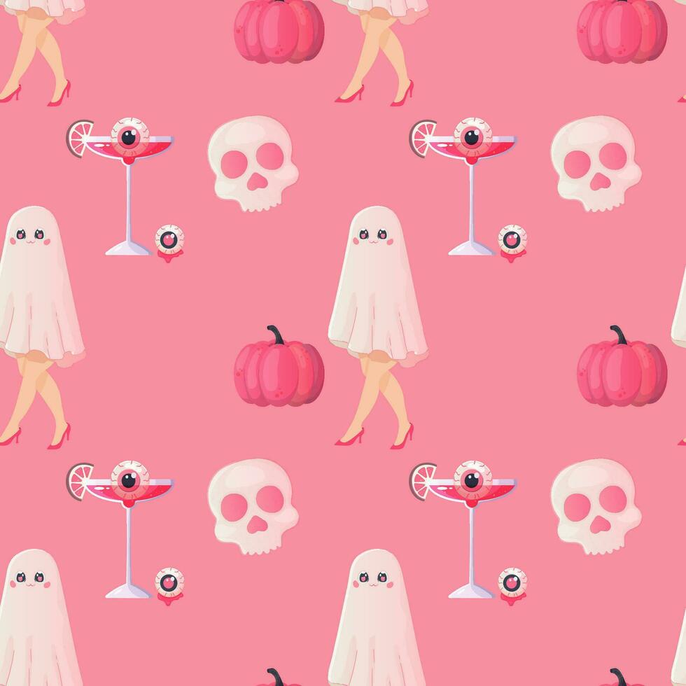 halloween sömlös mönster flickaktigt rosa docka och pumpa glamour vektor