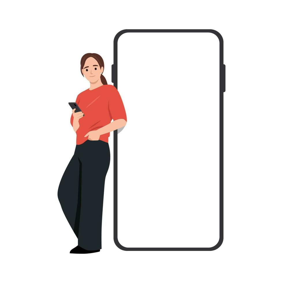 glücklich Frau gelehnt auf groß Riese Smartphone mit leeren Weiß Anzeige, beiläufig weiblich halten mit Zelle Telefon, Surfen Webseite Werbung App. vektor