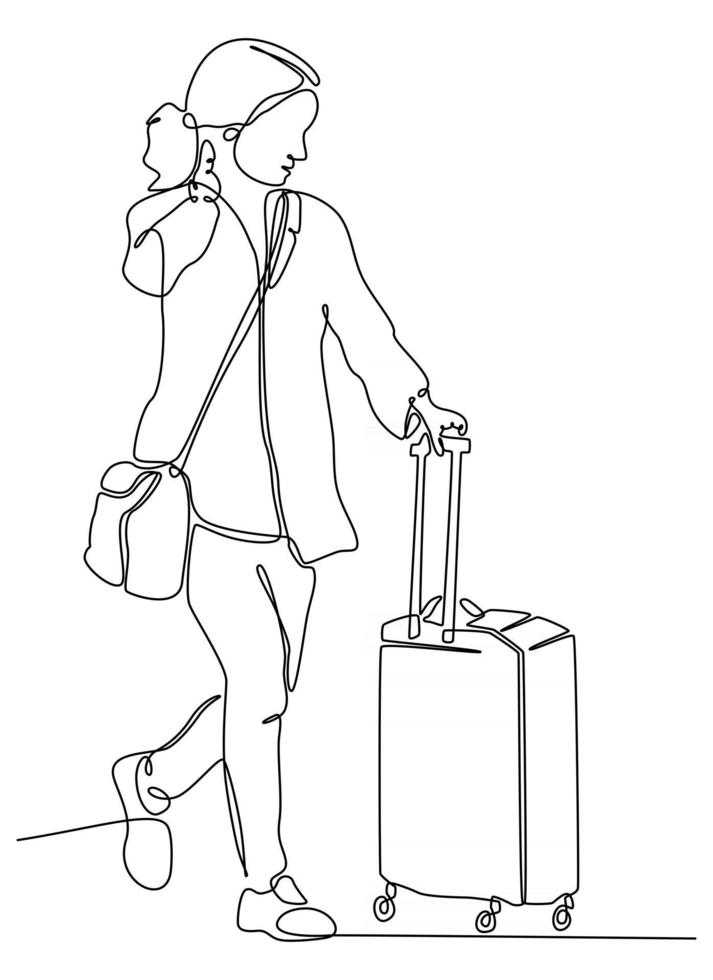 kontinuerlig linje ritning av en kvinna med en resväska väska vektorillustration vektor