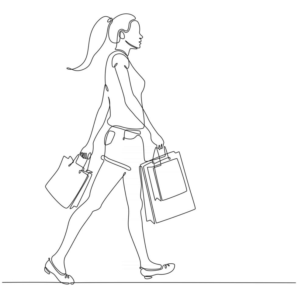 durchgehende Strichzeichnung einer modischen Frau mit Einkaufstasche vektor
