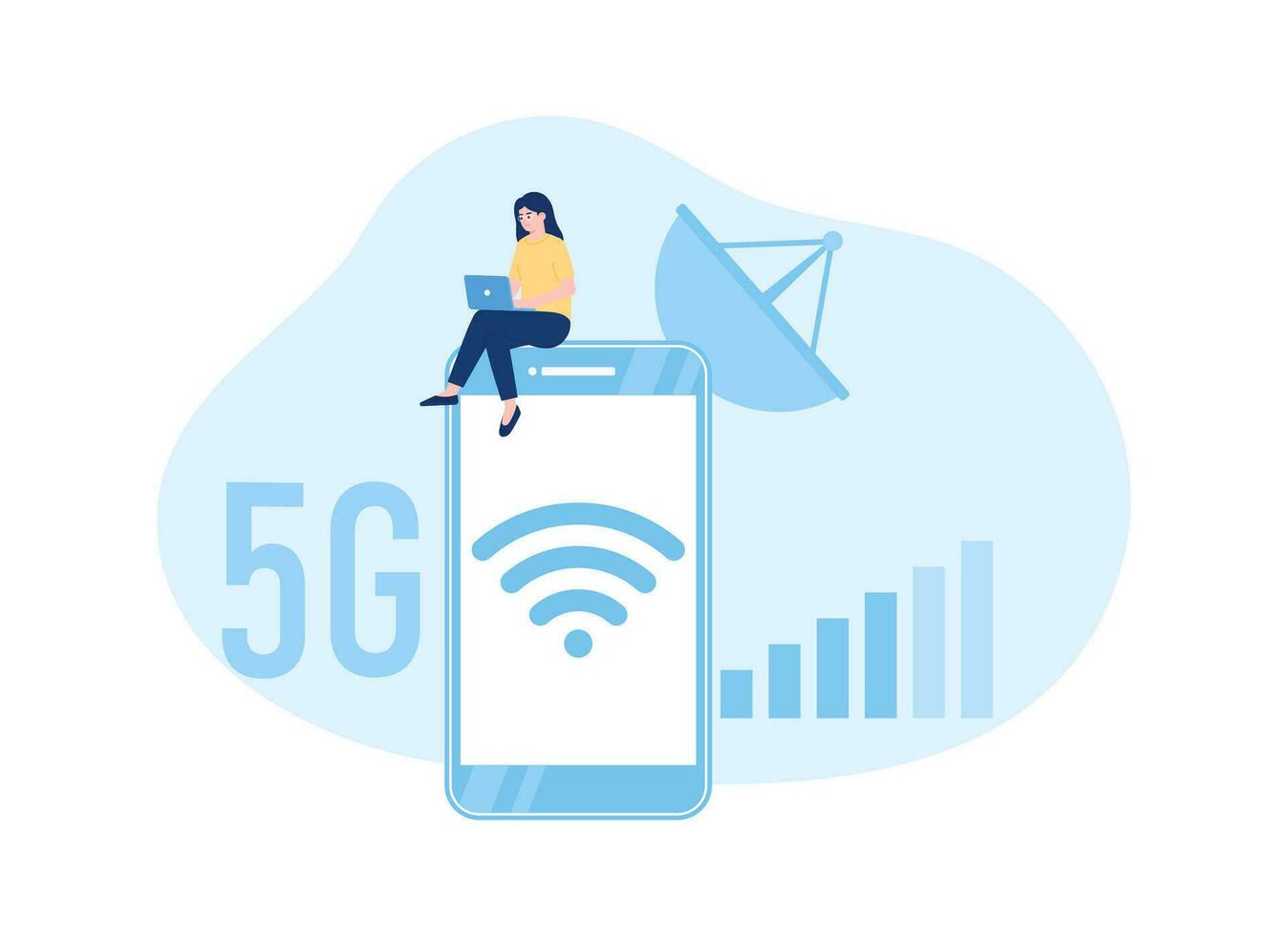 vektor 5g wiFi nätverk och kvinna karaktär begrepp platt illustration