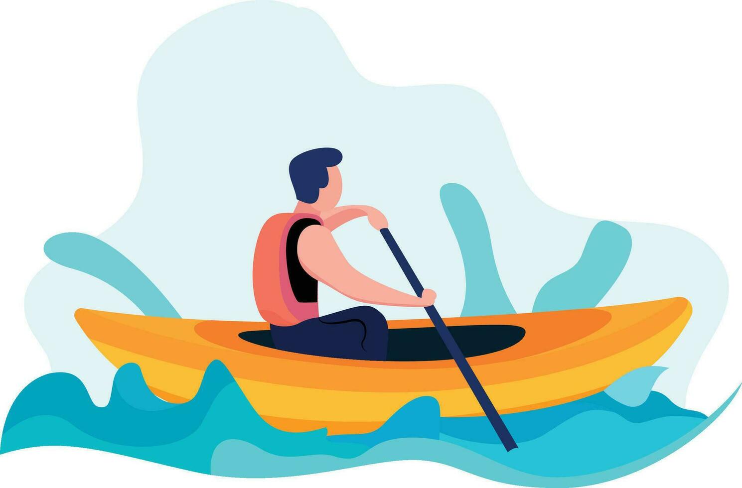 man på en kajak platt stil vektor illustration, Kajakpaddling vatten sport, man bär en liv jacka och paddling en båt på grov vatten platt stil stock vektor bild