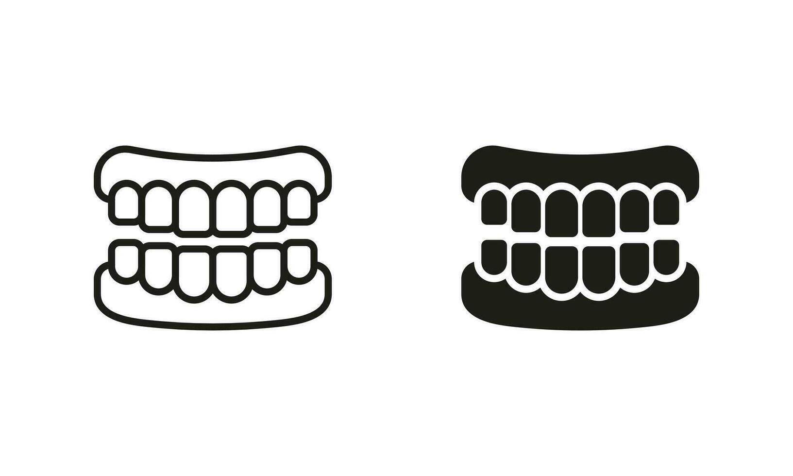 Mensch Kiefer Anatomie mit Zähne Silhouette und Linie Symbole Satz. falsch Zahn, Zähne Prothese Piktogramm. gesund lächeln, Oral Hygiene, Zahnheilkunde, Dental Behandlung unterzeichnen. isoliert Vektor Illustration.