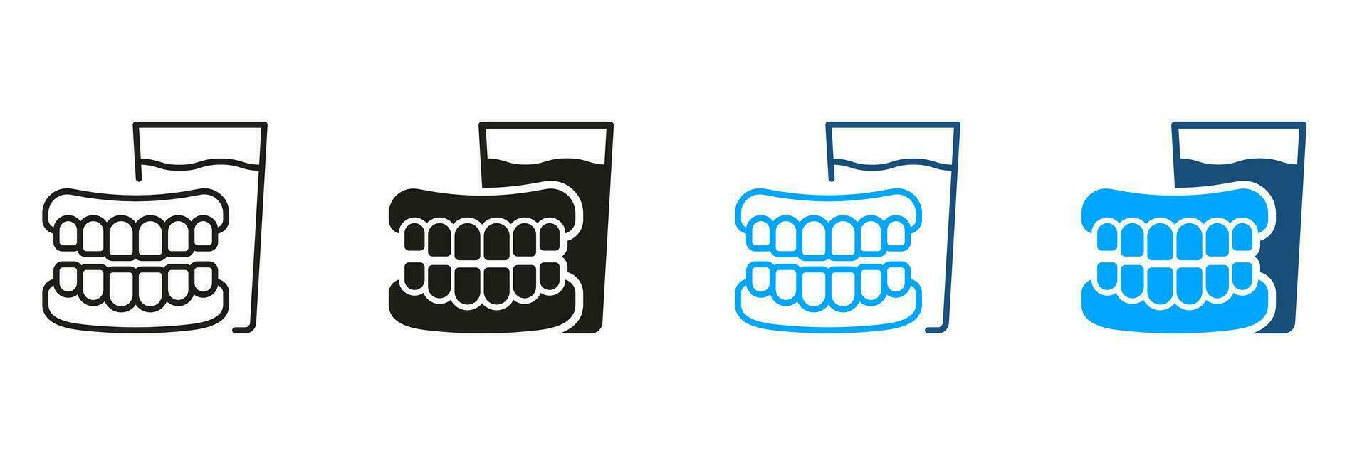 tandprotes med glas av vatten. mänsklig falsk tand piktogram. artificiell tand, dental behandling symbol samling. medicinsk dental protes- silhuett och linje ikon uppsättning. isolerat vektor illustration.