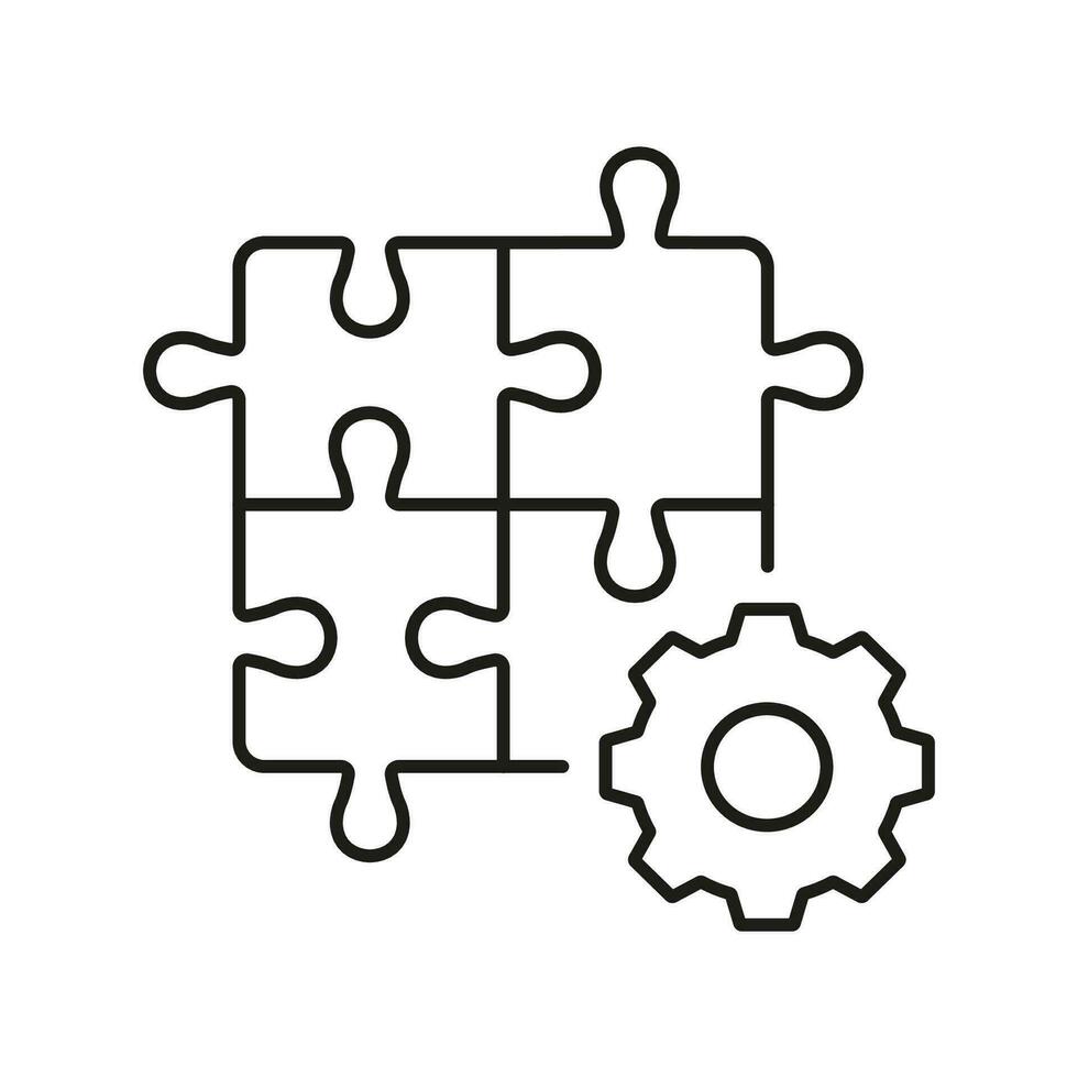 Geschäft Entwicklung, Puzzle Teile und Zahnrad Linie Symbol. Puzzle mit Ausrüstung linear Piktogramm. Mannschaft Strategie und kreativ Lösung Gliederung unterzeichnen. editierbar Schlaganfall. isoliert Vektor Illustration.