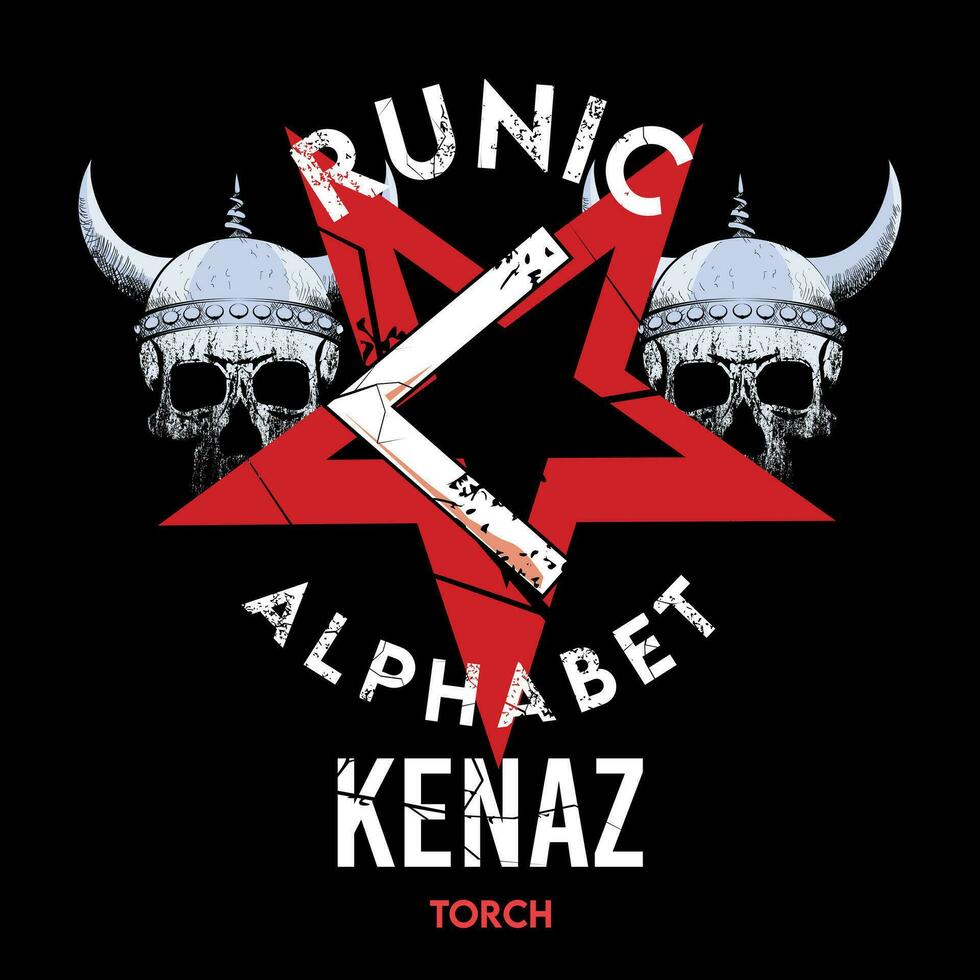run- alfabet t-shirt design med stjärna och två viking skallar. run- brev kallad kenaz stor och vit. vektor