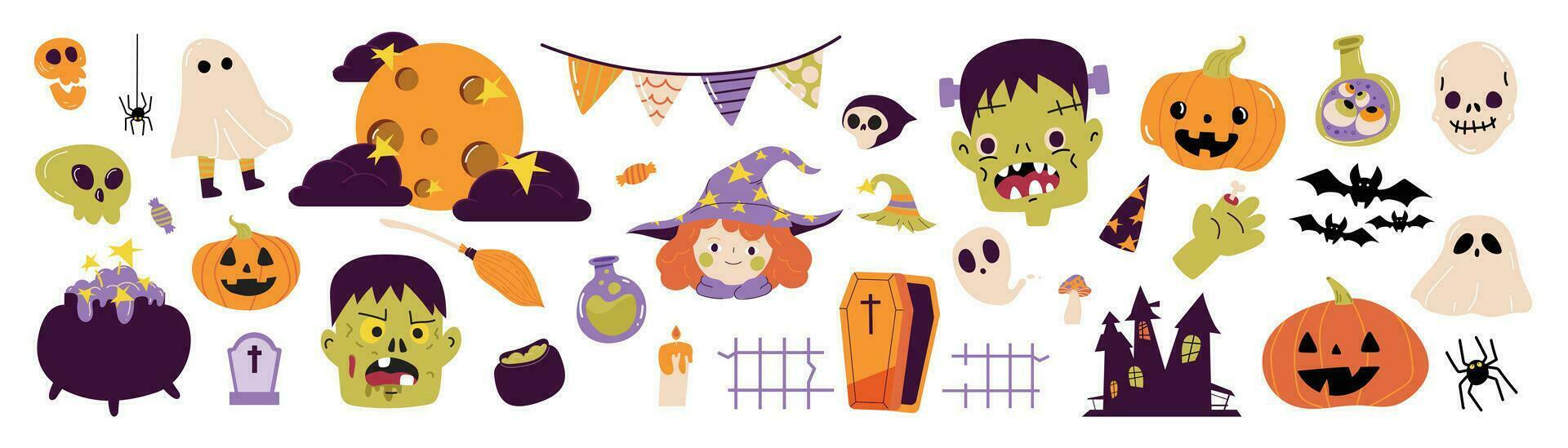 glücklich Halloween Tag Element Hintergrund Vektor. süß Sammlung von gespenstisch Geist, Kürbis, Schläger, Lutscher, Spinne, Kessel, Zombie, Hexe. bezaubernd Halloween Festival Elemente zum Dekoration, Drucke. vektor