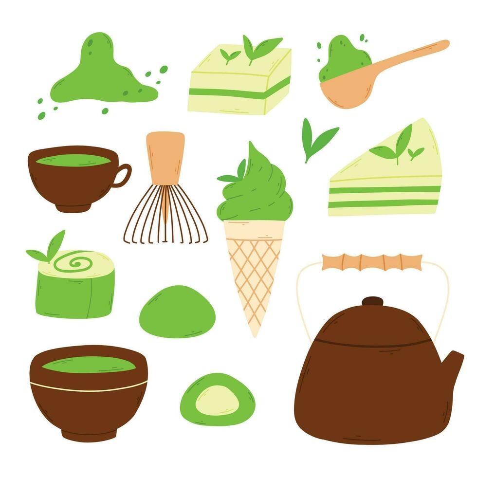 Matcha Tee. Becher mit Matcha und Grün Tee Blätter. Vektor Illustration. natürlich Grün Tee. Grün Tee Satz. Matcha Sammlung.