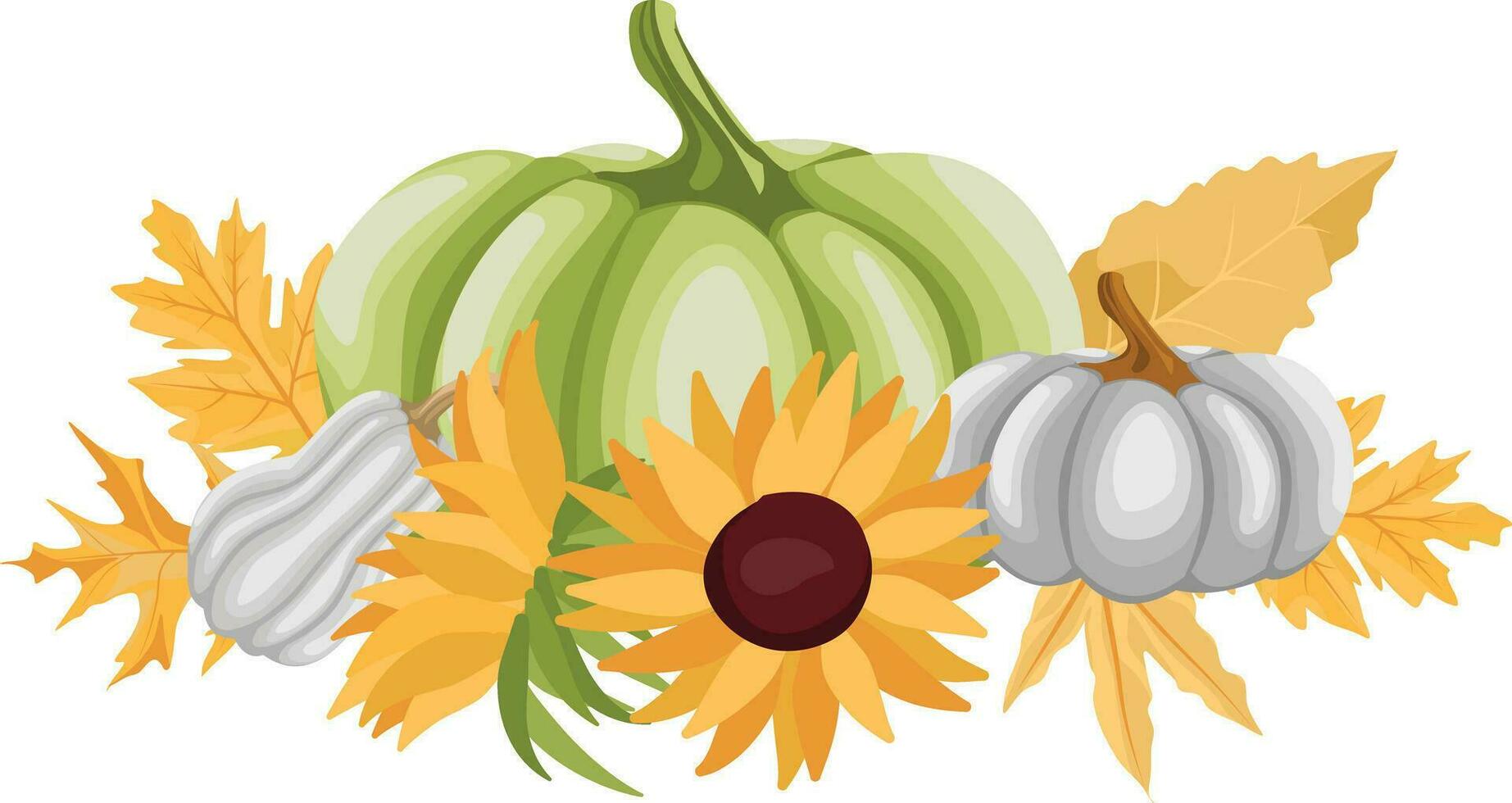Herbst Kürbisse, Sonnenblumen, Blätter, Natur botanisch dekorativ Sammlung. vektor