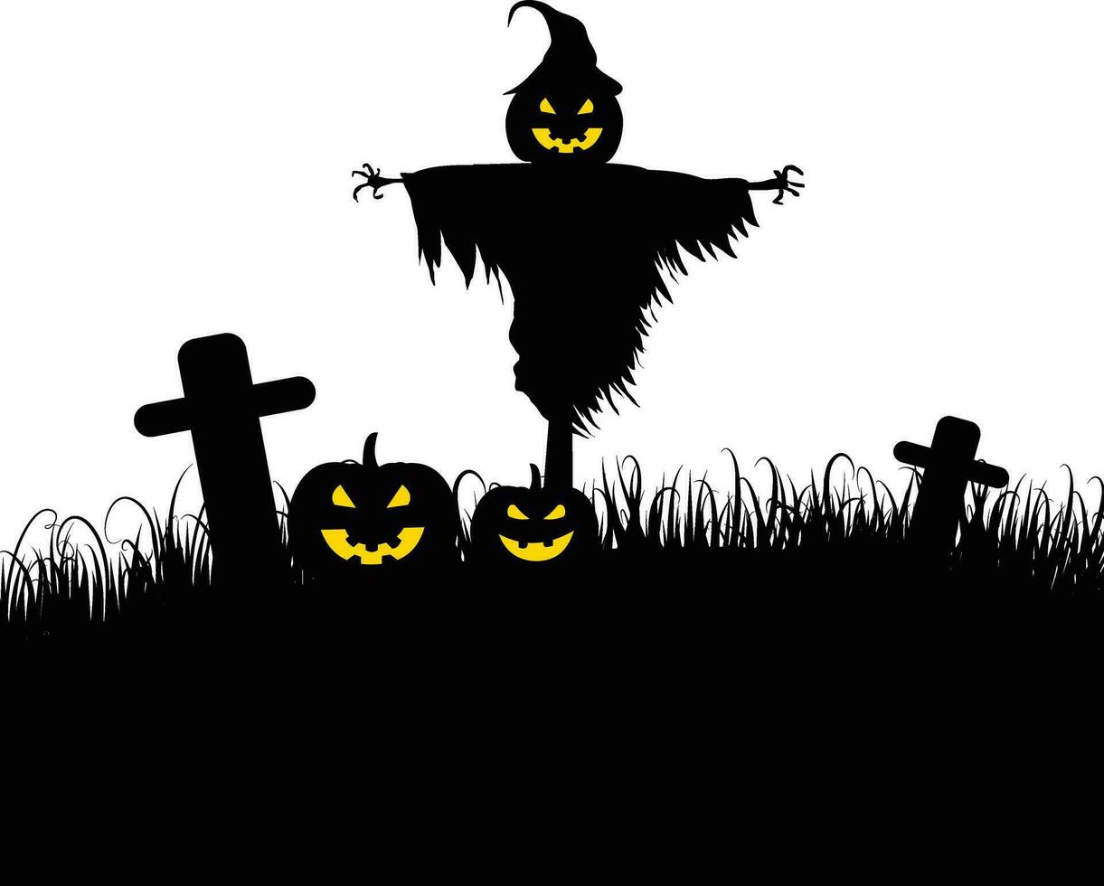 halloween kyrkogård silhuett med pumpor och scarecrow vektor