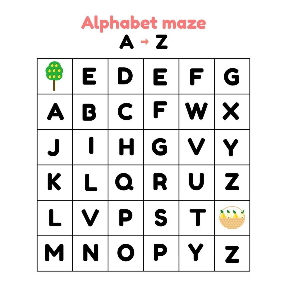Vektor-Illustration. Spiel für Vorschul- und Schulkinder. Alphabet Labyrinth. Buchstaben von a bis z finden vektor