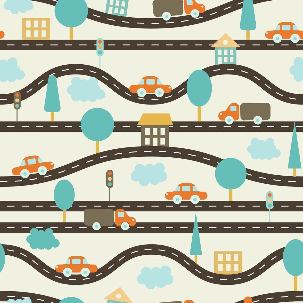 Vektor-Illustration. nahtloser Hintergrund. Kindermuster mit Straßen, Autos, Bäumen, Ampeln, Häusern und Wolken. braun, orange, blau vektor