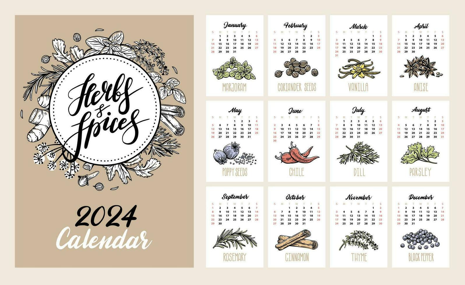 kök kalender mall för 2024. en uppsättning av 12 vertikal månader och en omslag. örter och kryddor. layout för utskrift vektor