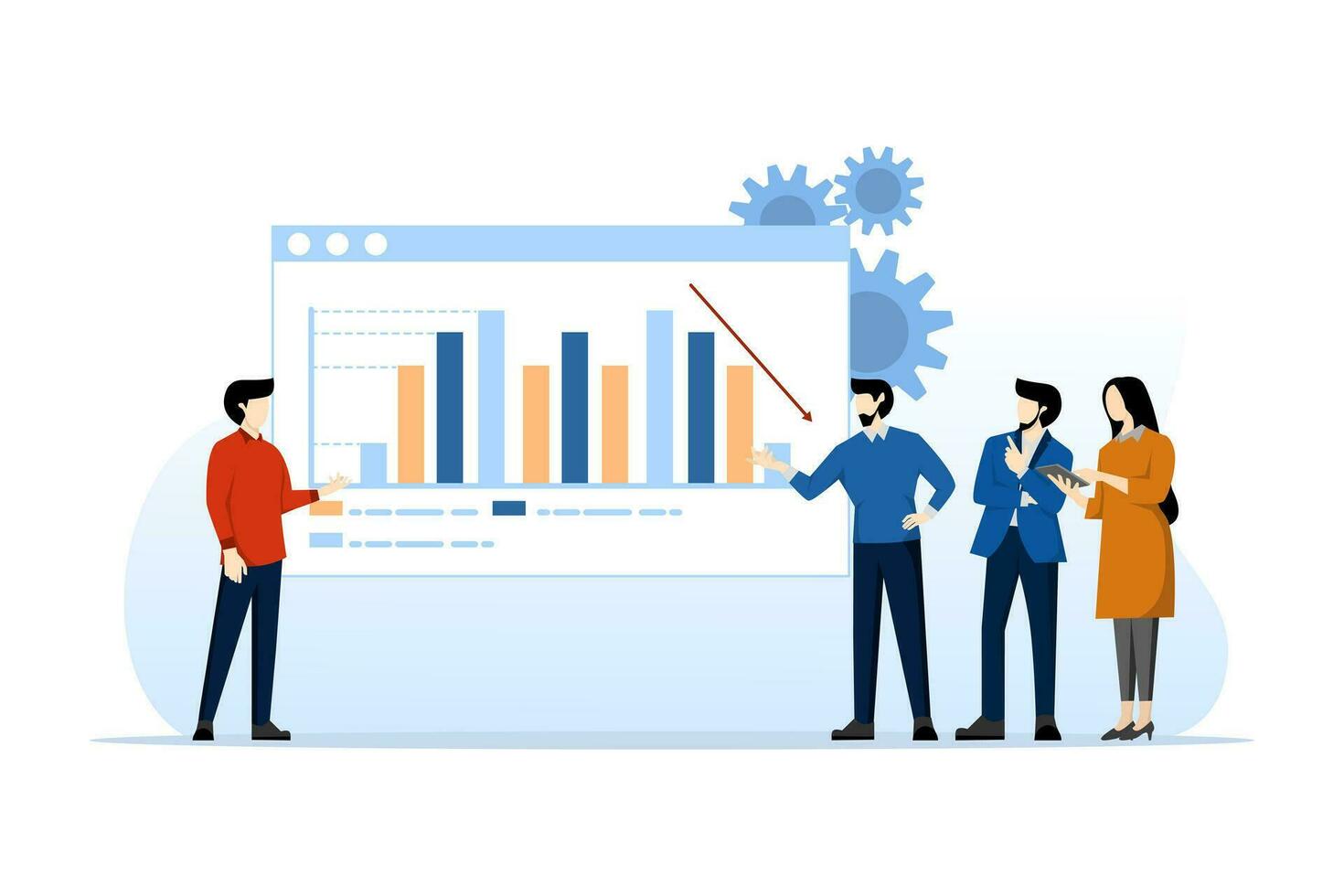 företag team analys och övervakning begrepp på webb Rapportera instrumentbräda övervaka. data analys forskning platt vektor illustration design för företag finansiell planera begrepp, platt vektor illustration.