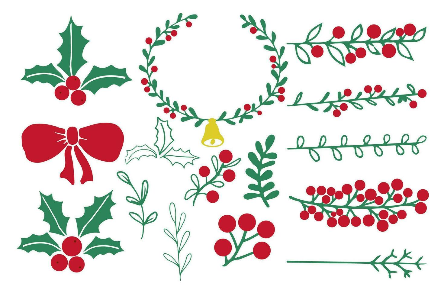 jul grönska krans, ram, gräns och dekorationer med rosett, bär, löv i klotter stil isolerat på vit bakgrund. enkel hand dragen vinter- dekoration. vektor illustration