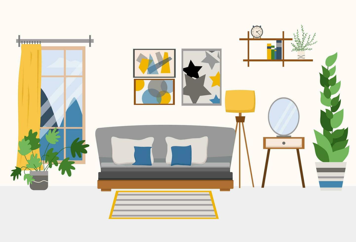 gemütlich Schlafzimmer Innere mit Möbel mögen Bett, Kleiderschrank, Bett Tisch, Vase, Leuchter im modern Stil im eben Vektor Illustration