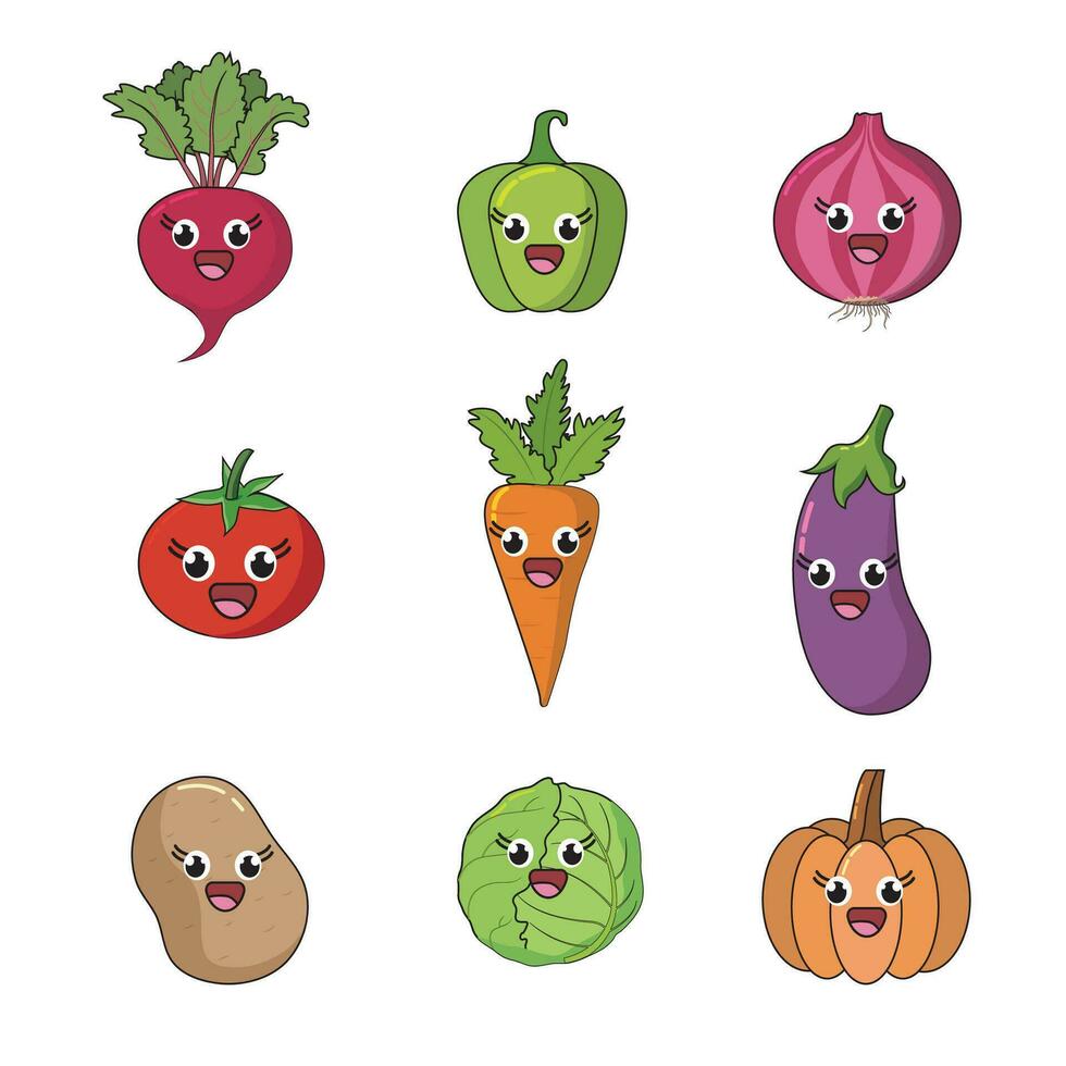 einstellen von gesund Gemüse Symbole sauber eben Vektor Stil Symbol Bild von frisch Tomate, Brokkoli, Kartoffel, Zwiebel