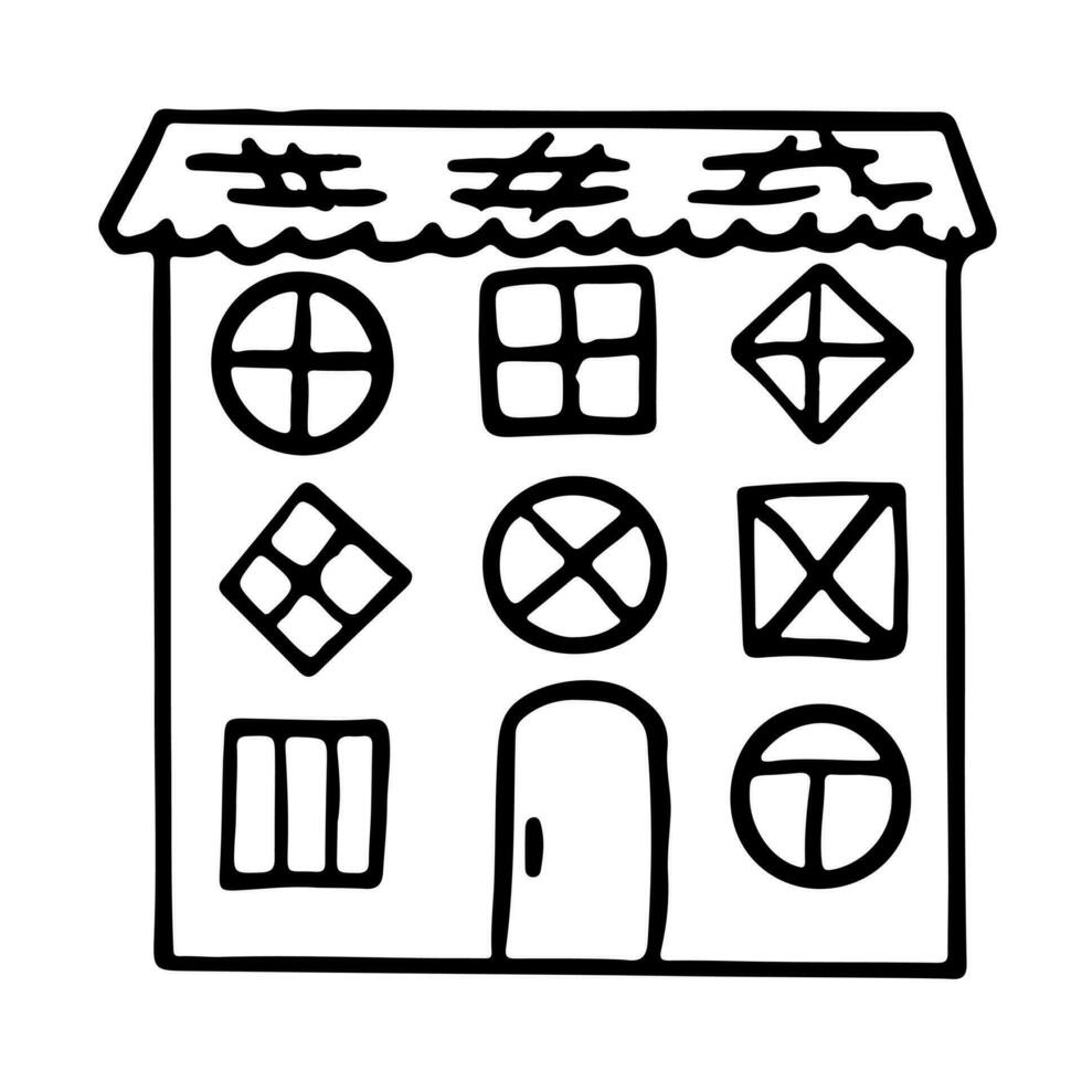 hus byggnad i hand dragen klotter stil. vektor ikon. arkitektur, konstruktion, by, hemsida. färg bok sida för ungar.