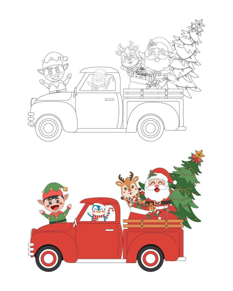 Santa Klaus, Rentier, Pinguin und Elf mit Weihnachten Baum auf Weihnachten LKW, Weihnachten Thema Linie Kunst Gekritzel Karikatur Illustration, Färbung Buch zum Kinder, fröhlich Weihnachten. vektor