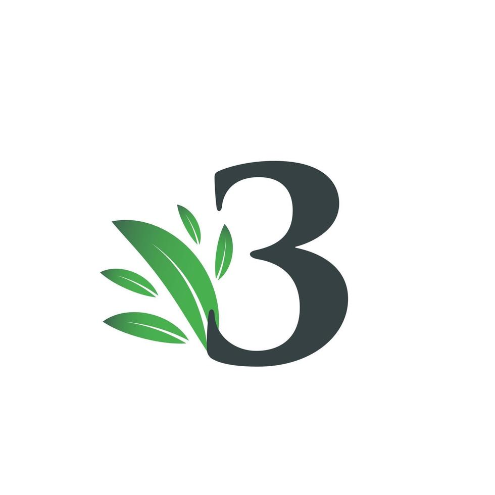 Nummer drei Logo mit grünen Blättern. natürliche Nummer 3 Logo. vektor