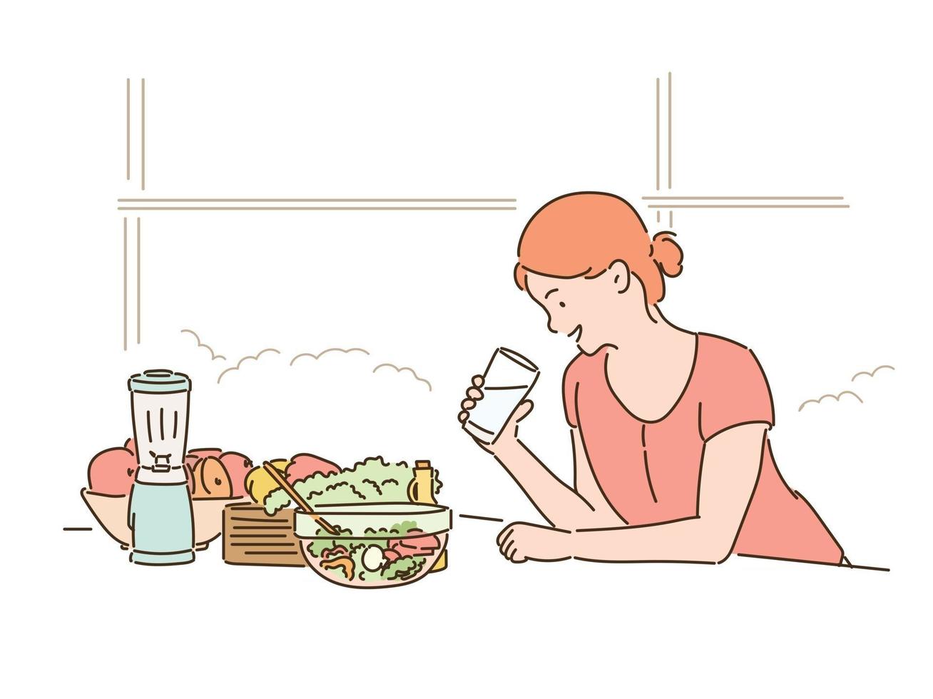 eine frau trinkt wasser und ein salat steht auf dem tisch. handgezeichnete Stilvektordesignillustrationen. vektor