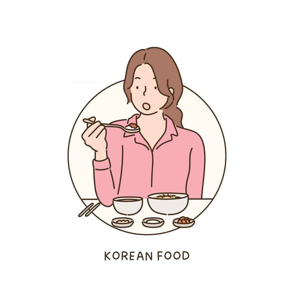 en kvinna äter koreansk mat. handritade illustrationer för stilvektordesign. vektor