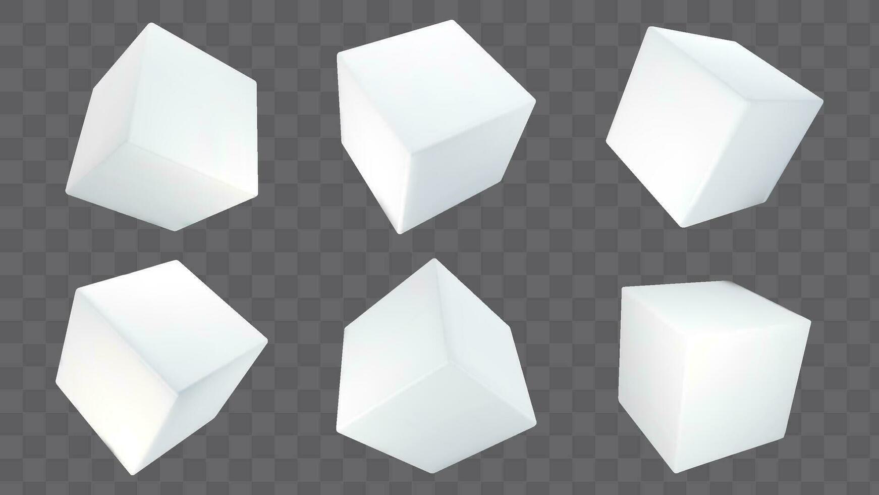 3d Weiß Würfel Box machen Vektor. solide Platz Block Symbol. leer Papier Paket Attrappe, Lehrmodell, Simulation Satz. abstrakt Geometrie kubisch Produkt Pack Sammlung. minimal Plattform Vorlage. kosmetisch Container spotten hoch. vektor