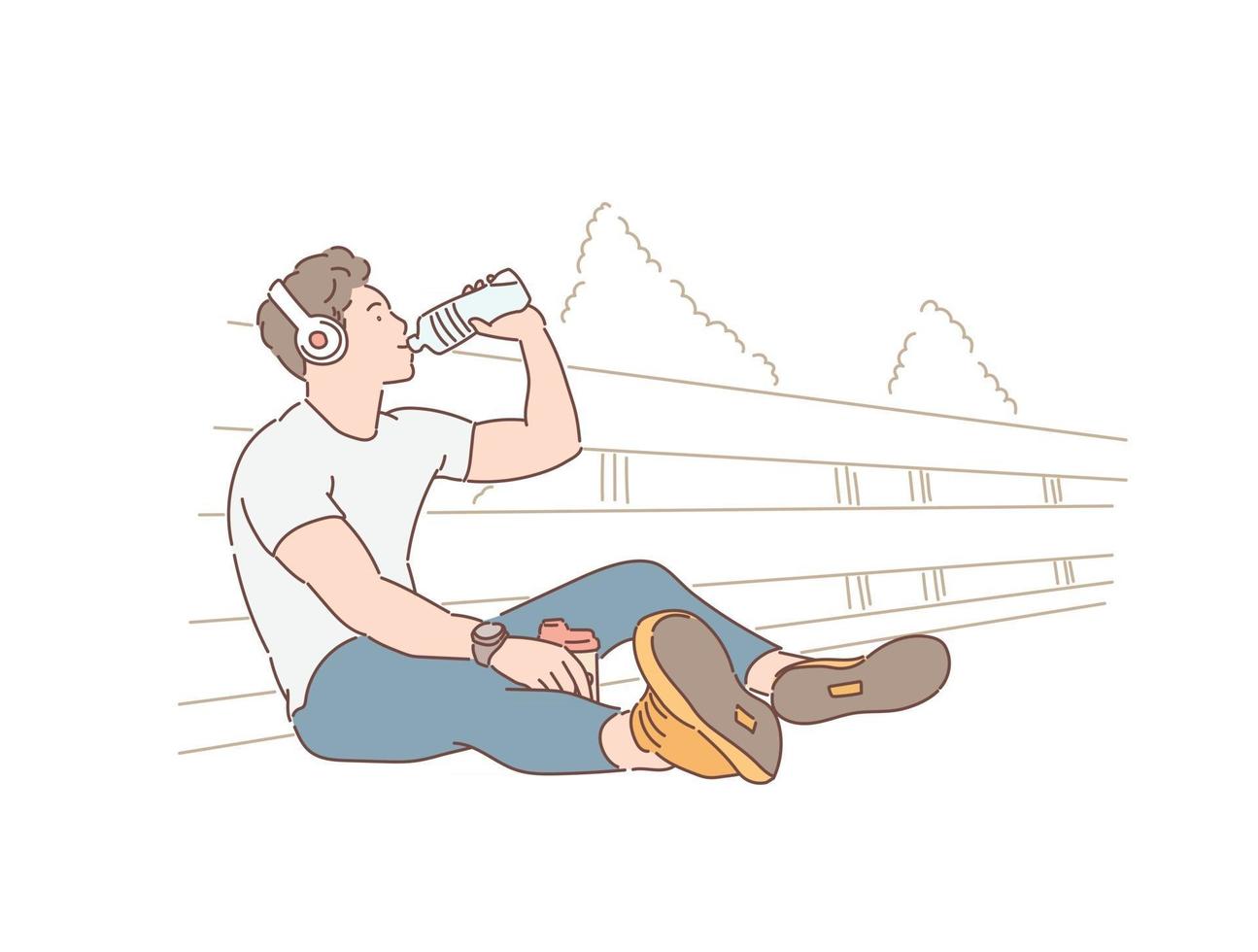 Ein Mann sitzt mit einem Headset auf dem Boden und trinkt Wasser. handgezeichnete Stilvektordesignillustrationen. vektor