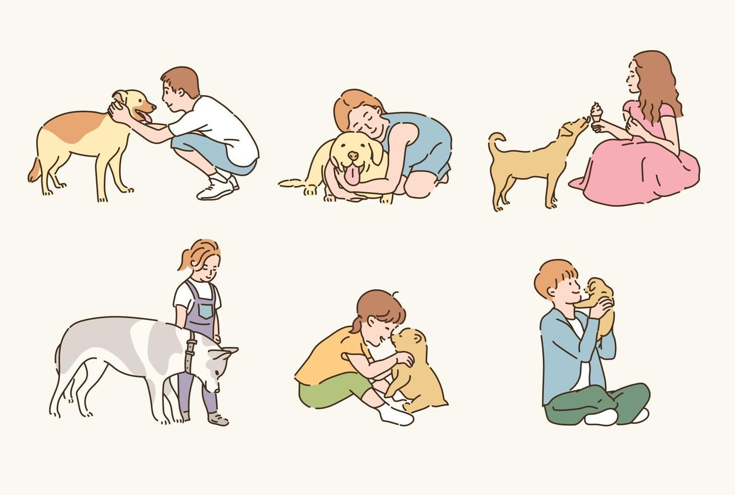 süße Kinder und Hunde. handgezeichnete Stilvektordesignillustrationen. vektor