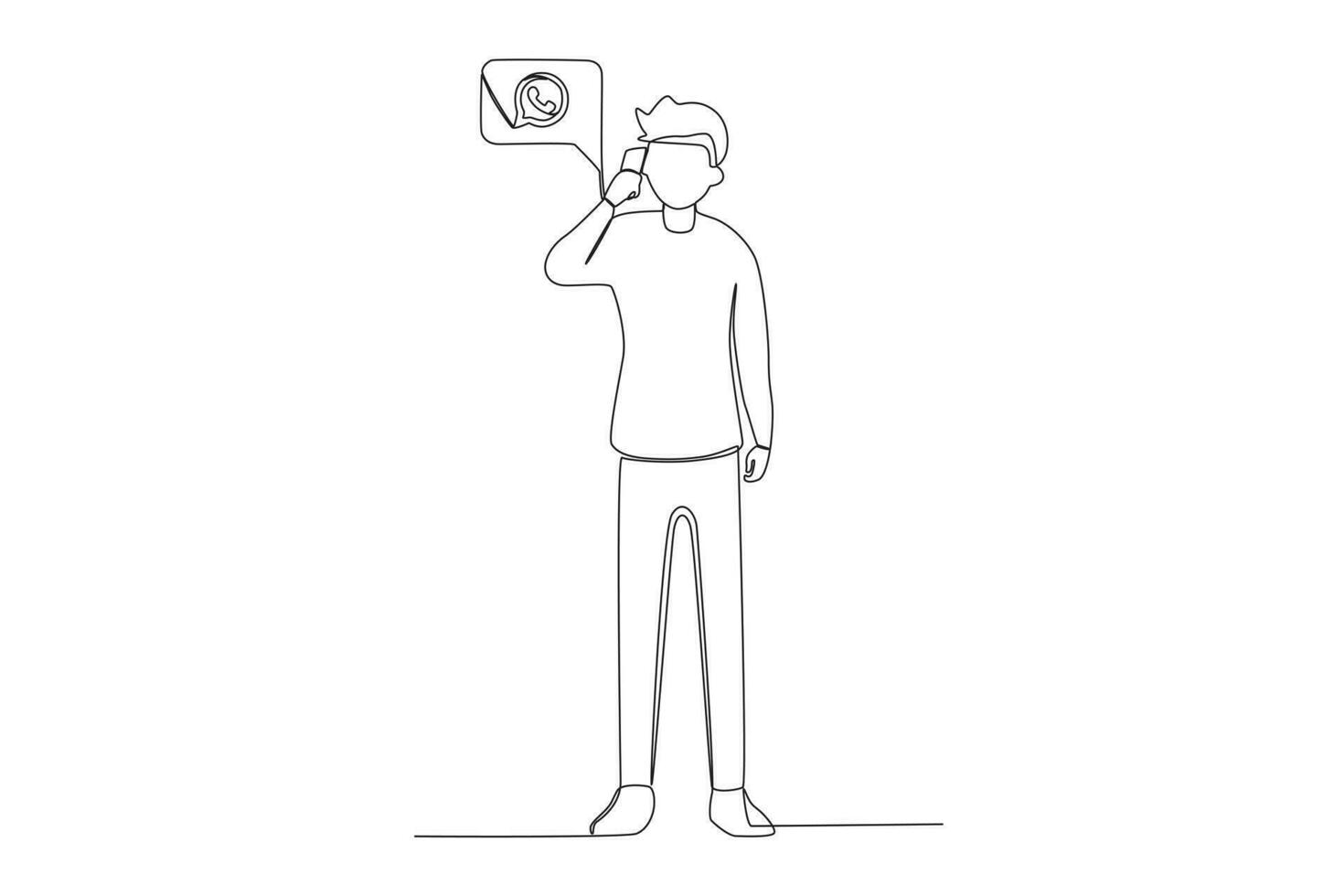 Single kontinuierlich Linie Zeichnung von ein Mann Herstellung ein Anruf mit Sozial Medien WhatsApp Stehen Vorderseite Aussicht vektor