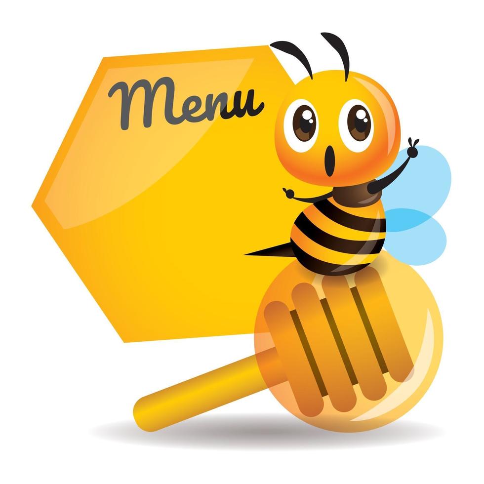 tecknad söt bi som sitter på honungskopan med stort menybräde vektor