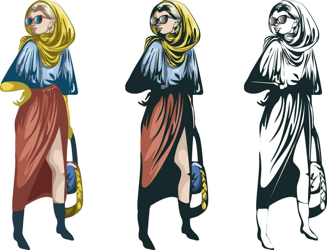 vektor bild av en eleganta kvinna i en silke scarf i solglasögon. begrepp. mode trend