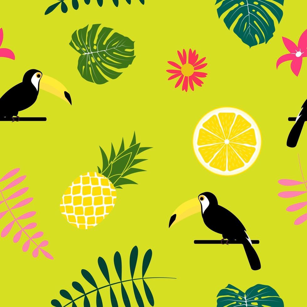 tropische Fruchtananas, Tukanvogel und Palmblatt-nahtloses Musterhintergrunddesign. Vektor-Illustration vektor