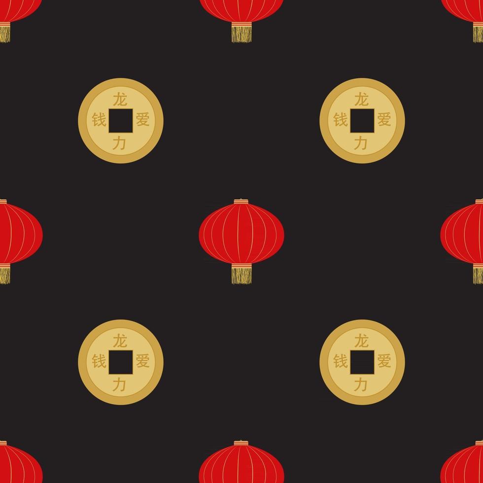 Flache rote hängende chinesische Laterne mit nahtlosem Musterhintergrund der goldenen Münze für chinesisches Neujahrsfest. Vektor-Illustration eps10 vektor