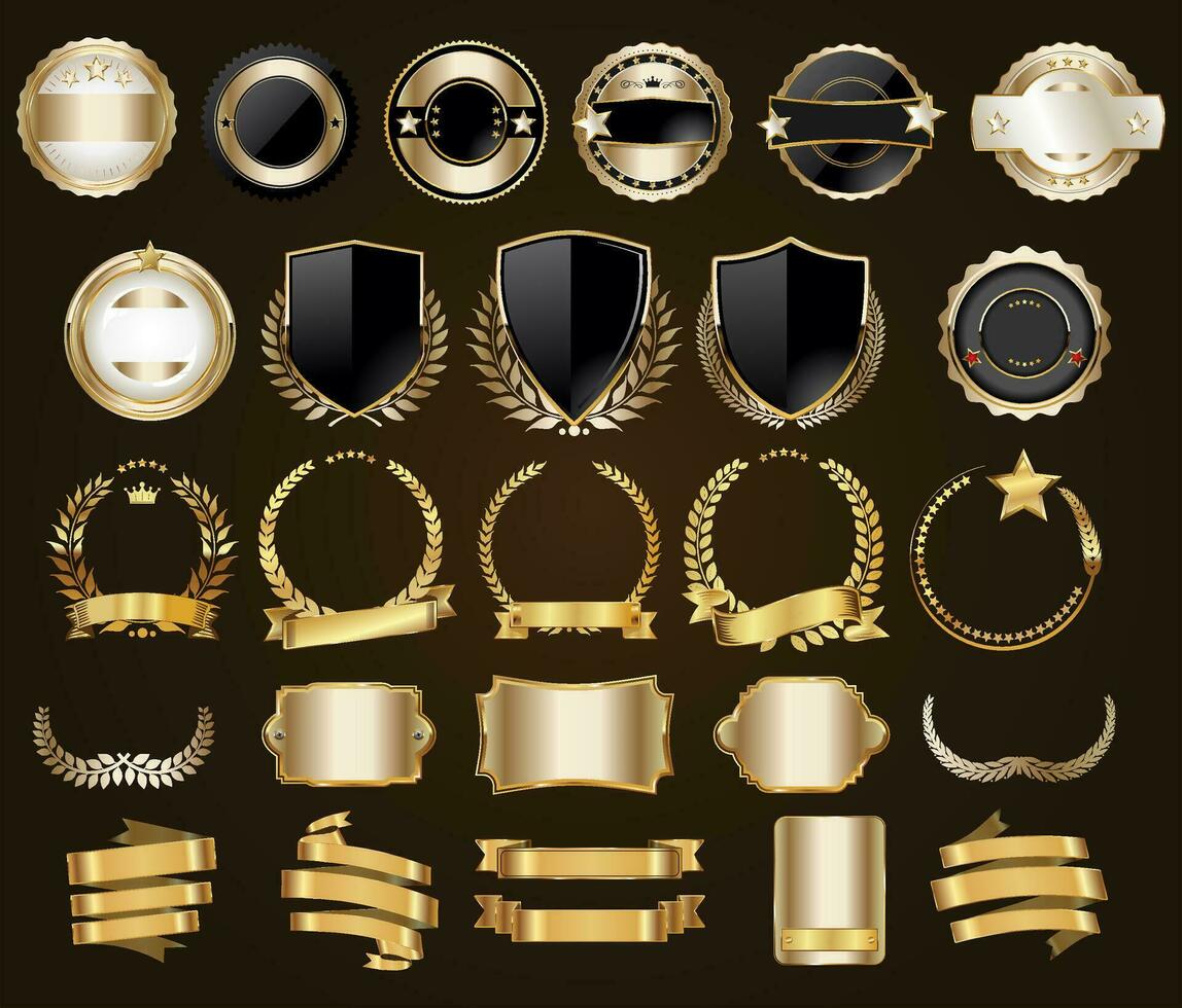 Luxus Abzeichen und Etiketten mit Lorbeer Kranz Silber und Gold Sammlung vektor