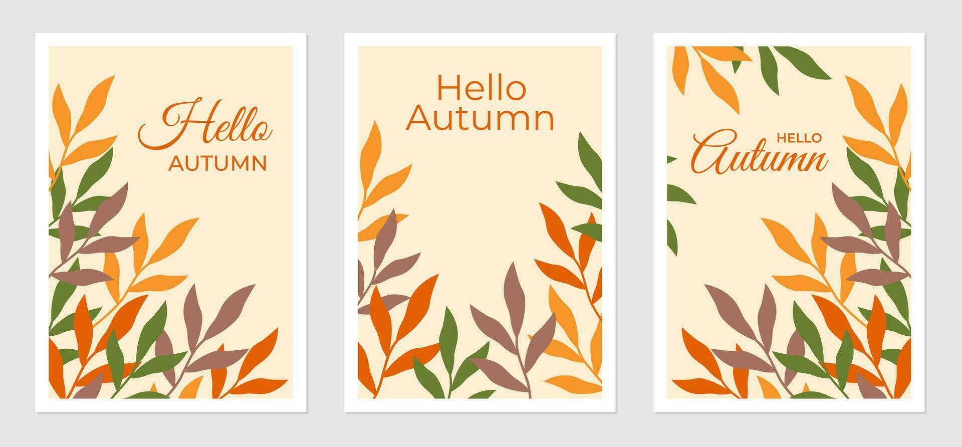 Hej höst posters uppsättning. vektor illustration av höst flerfärgad löv. falla bakgrund med växt element. text design.