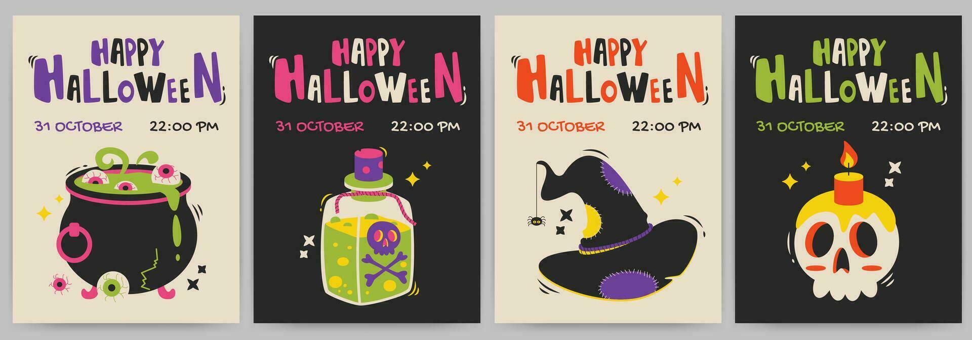 halloween fest. hälsning kort eller posters uppsättning med kalligrafi, hatt, trolldryck. vektor