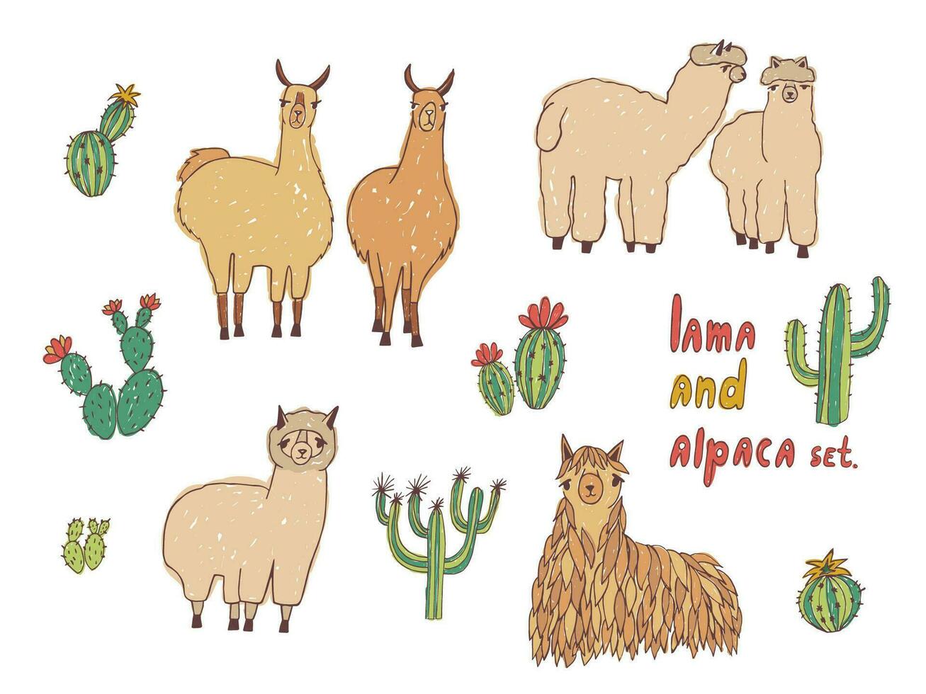 süß Lama, Alpaka und Kakteen Satz. Hand gezeichnet bunt Vektor Illustration