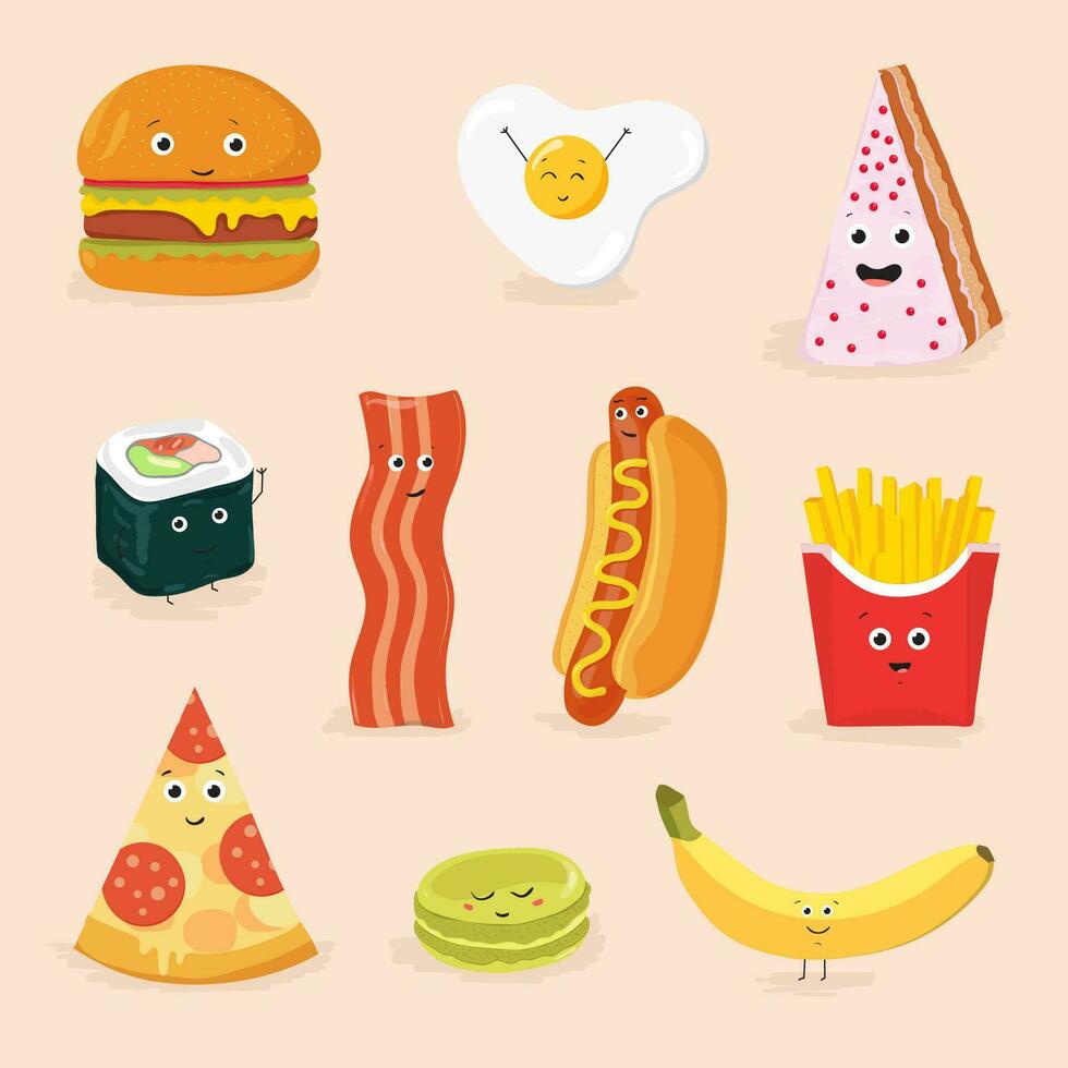 komisch Essen Karikatur Zeichen isoliert Vektor Illustration. Gesicht Symbol Pizza, Kuchen, durcheinander Eier, Speck, Banane, Burger, heiß Hund, rollen, Französisch Fritten.