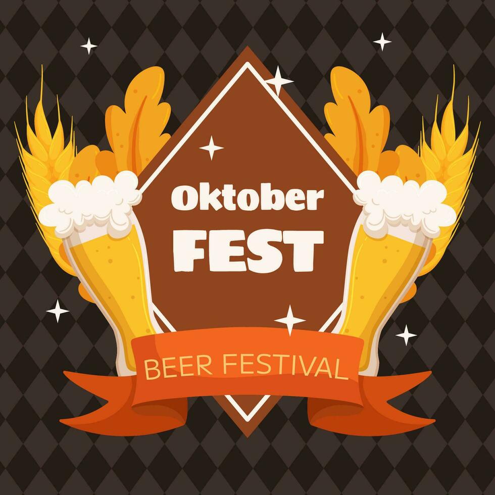 oktoberfest tysk öl festival fyrkant social media posta mall. design med glas av öl, vete och löv, baner band. romb mönster på tillbaka vektor