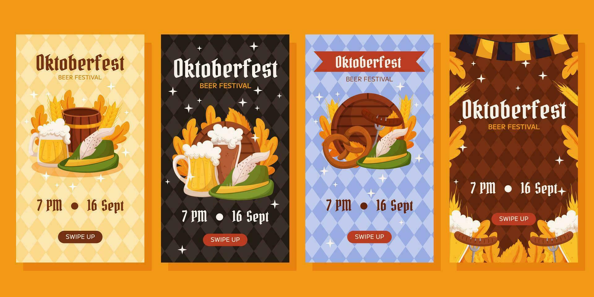 Oktoberfest Deutsche Bier Festival Vertikale Sozial Medien Geschichten Sammlung. Designs mit Glas von Bier, Weizen und Blätter, Tiroler Hut und hölzern Fass. Rhombus Muster auf zurück vektor