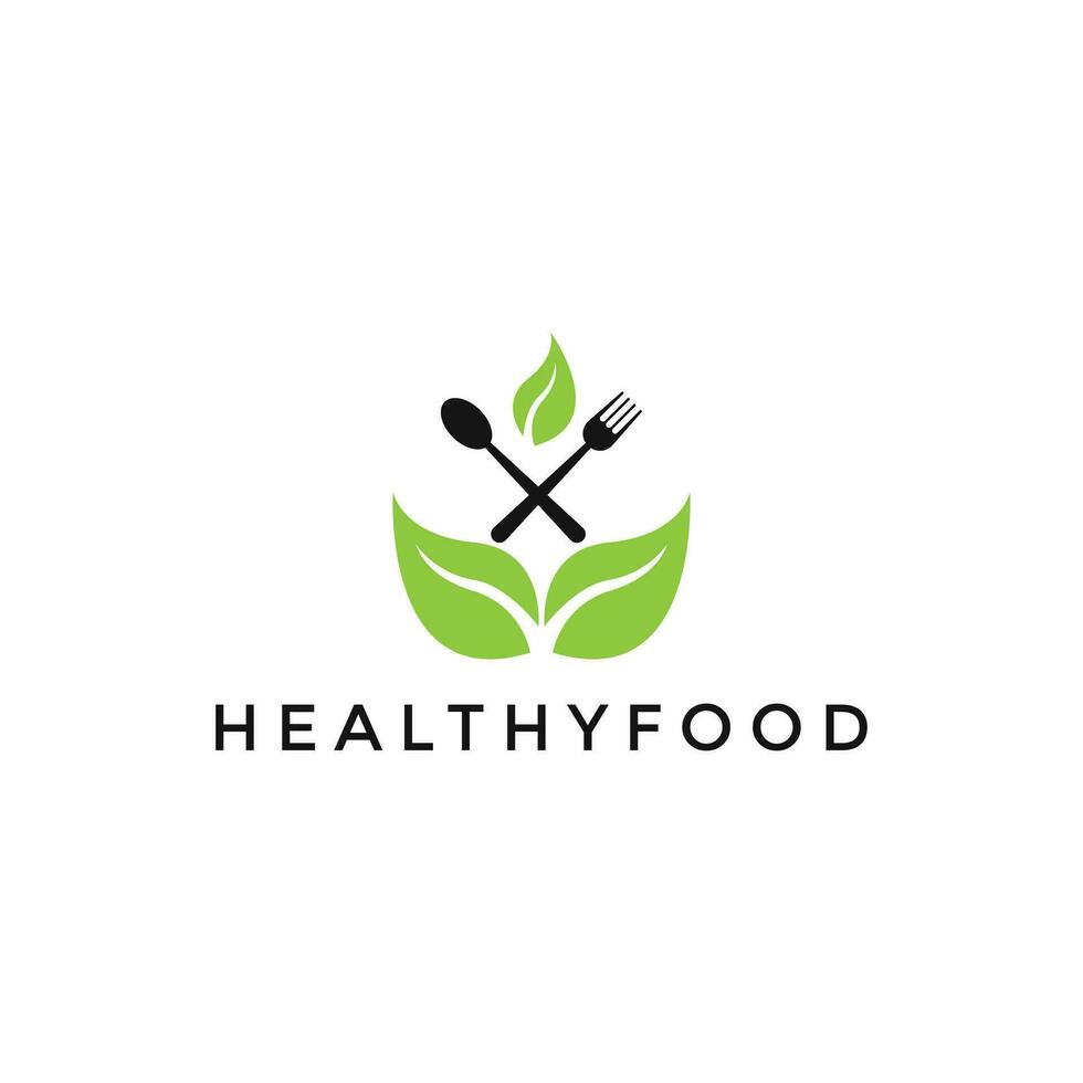 blad med sked och gaffel friska mat logotyp design mall för restaurang vektor
