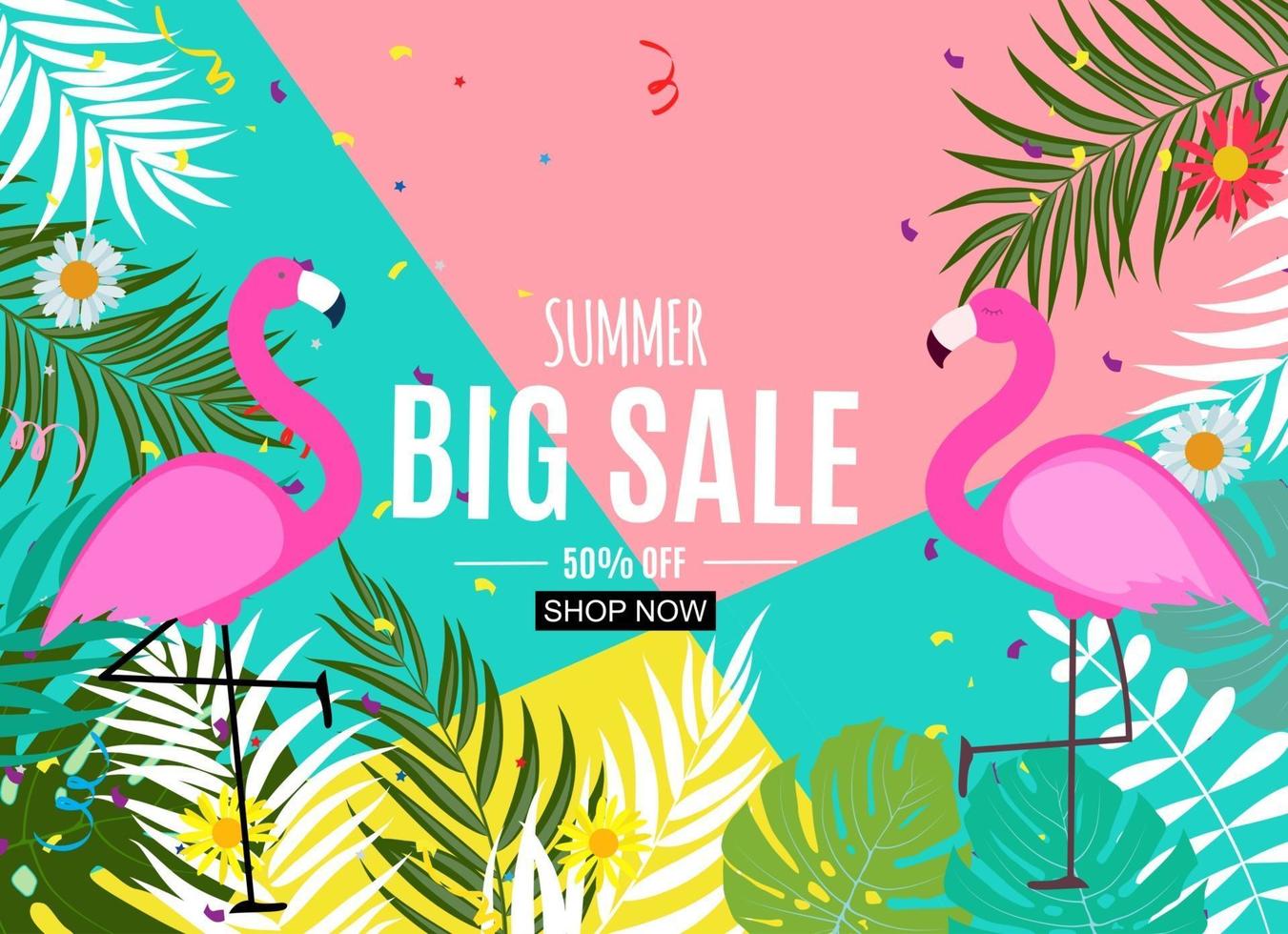 abstrakt sommarförsäljningsbakgrund med palmblad och flamingo. vektor illustration