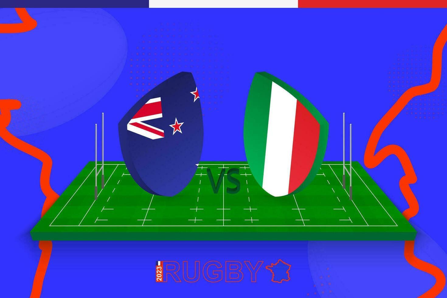 Rugby Mannschaft Neu Neuseeland vs. Italien auf Rugby Feld. Rugby Stadion auf abstrakt Hintergrund zum International Meisterschaft. vektor